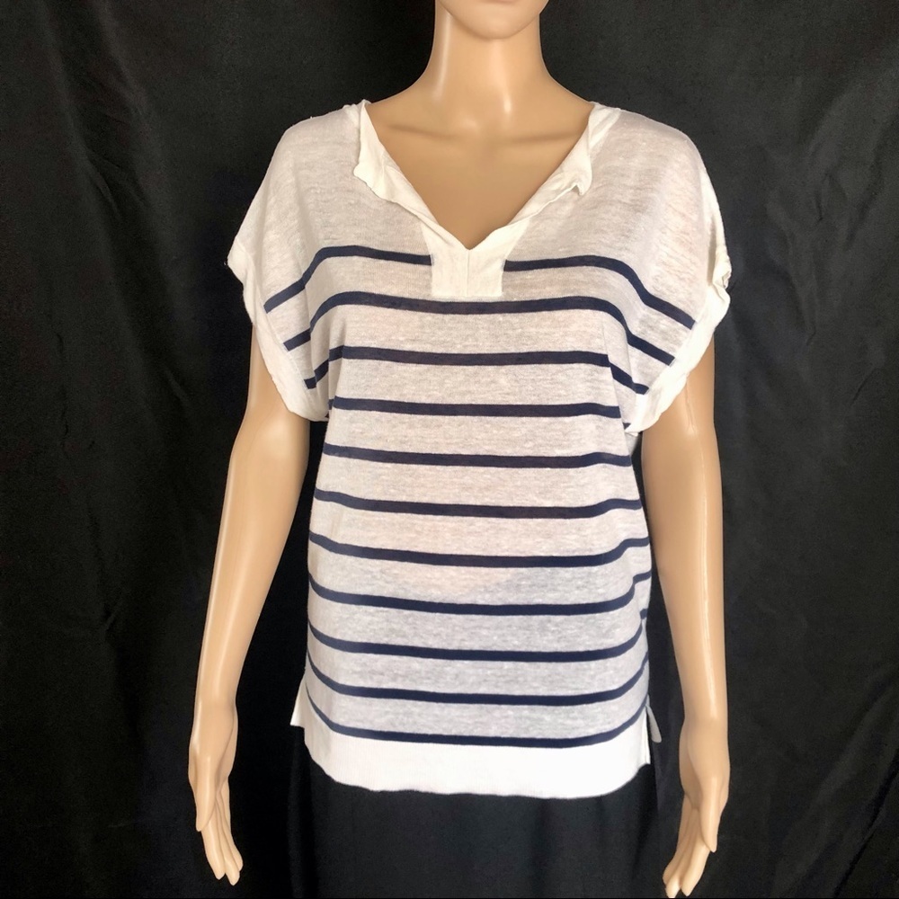 New ANN TAYLOR Striped Linen-Blend Top White Blue